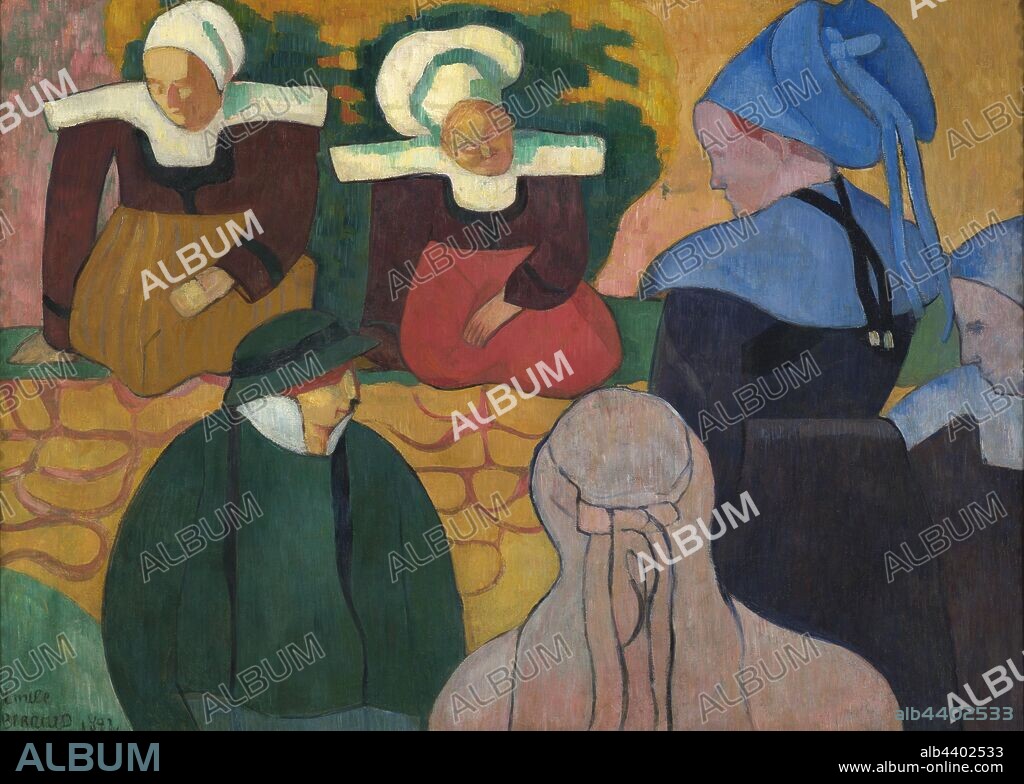 Breton Women at a Wall, Emile Bernard (French, 1868-1941), 1892, oil on cardboard, 32-7/8 x 45-1/2 in. (board) 42-3/4 x 55-1/4 in. (framed), signed and dated L.L.: Emile, BERNARD 1892, European Painting and Sculpture 1800-1945.