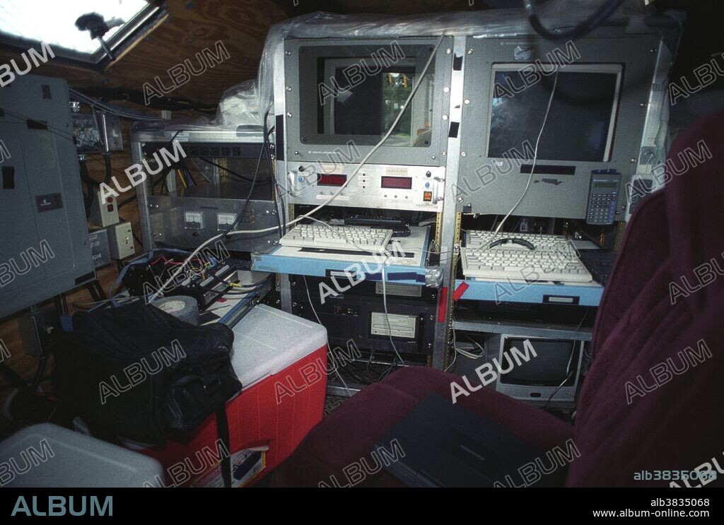 Inside the mini-processing room of the Doppler on Wheels (DOW) portable weather radar truck.