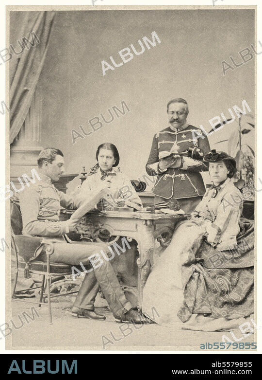 Alexander, Duke of Württemberg. 20/12/1804 - 28/10/1881. Group photograph of the duke and his children from the marriage with Maria, nee princess of Orleans (1813-1837): seated on the left prince Philipp of Württemberg (born 1838). Photograph, 1861 (Ludwig Angerer, Vienna).
