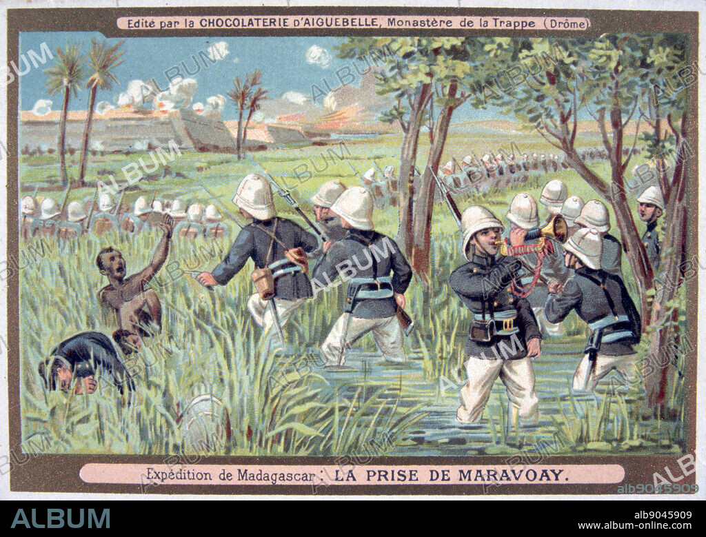 First Franco-Hova War 1883-1886: French troops attacking Marvoay. War ended with the Treaty of Tamatave, January 1886. France Colonisation Bugler Solar Topee Malagassy Madagascar Chromolithograph Trade Card.
