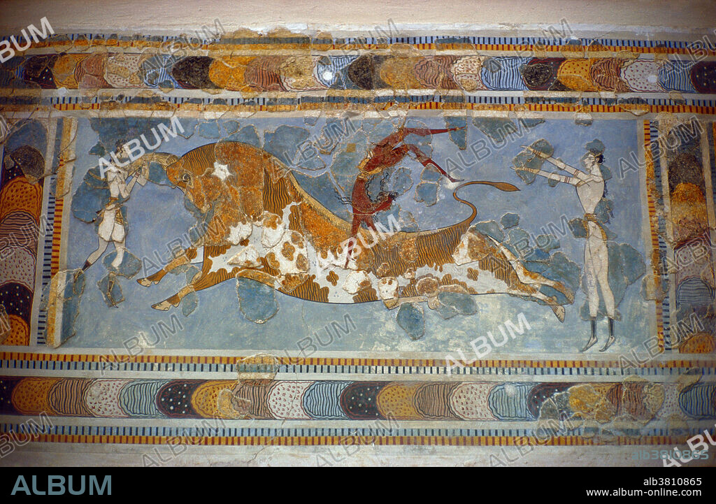 The Bull-leaping Fresco at the Palace of Knossos, a Bronze Age archaeological site at Heraklion, Crete. This is the most probably the most renowned of all the frescoes discovered during excavations by British archaeologist Arthur Evans at Knossos in the early 20th century.