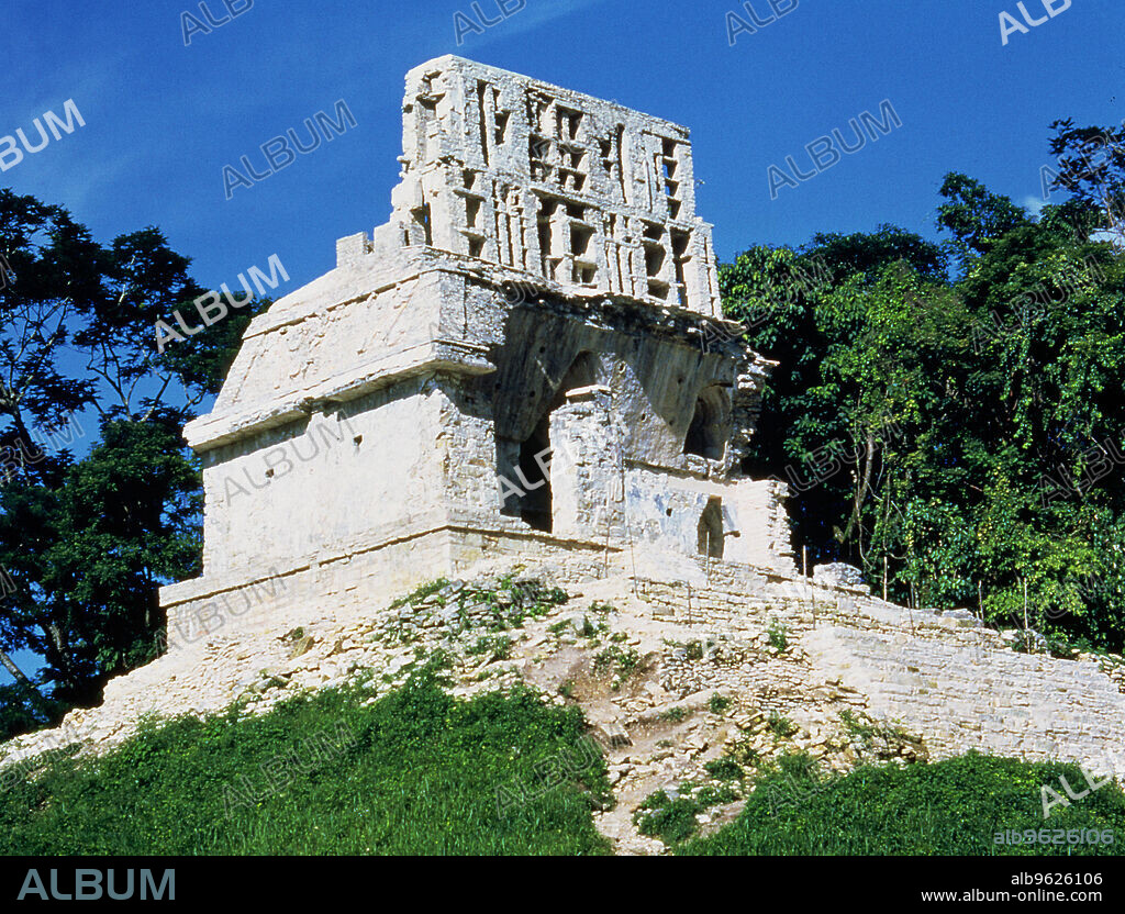 Exterior view of the Temple of the Cross in the Mayan ruins of Palenque.