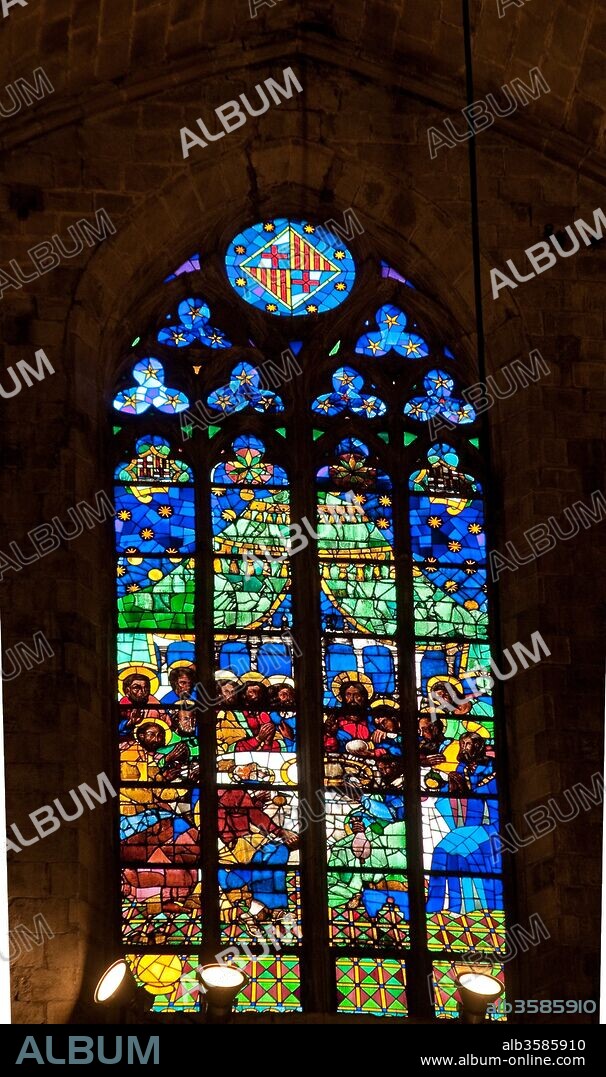 Vidriera representando la Santa Cena, en la catedral de Santa María del mar, Siglo XVII, Barcelona, Barcelona, Cataluña, España.