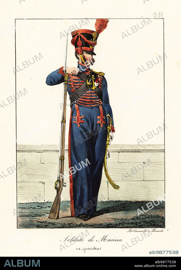 Uniform of a French Marine, Napoleon's army. In shako helmet with brush, blue uniform with scarlet frogging, armed with musket and sabre. Marin, ex-Garde. Handcoloured lithograph by Lorenzo Bianchi and Domenico Cuciniello after Hippolyte Lecomte from Costumi civili e militari della monarchia francese dal 1200 al 1820, Naples, 1825. Italian edition of Lecomtes Civilian and military costumes of the French monarchy from 1200 to 1820.