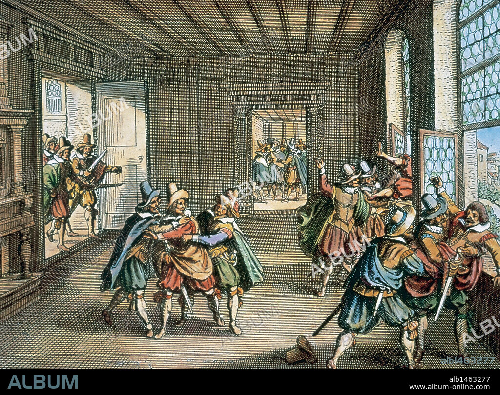 "LA DEFENESTRACION DE PRAGA" (23 de mayo de 1618). En esta fecha los estamentos de Praga echaron por la ventana a los funcionarios imperiales (el llamado "LEVANTAMIENTO DE BOHEMIA"), y anunciaron la destitución del rey Fernando de Habsburgo, dando comienzo la GUERRA DE LOS TREINTA AÑOS. Grabado en cobre coloreado de Matthäus Merian.