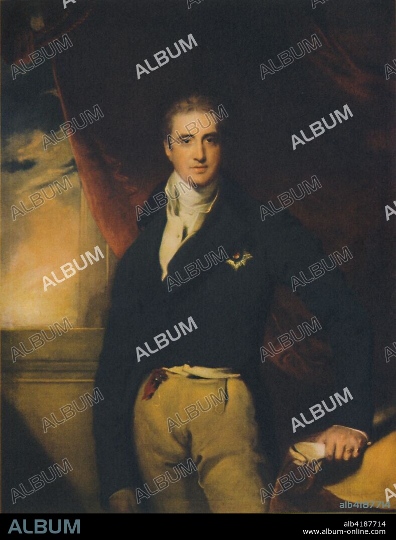 Viscount Castlereagh, early 1800s, (1941). Robert Stewart, 2nd Marquess of Londonderry (1769-1822), known as Lord Castlereagh, was an Irish/British statesman. He served as British Foreign Secretary and as leader of the House of Commons. As Chief Secretary for Ireland, he was involved in putting down the Irish Rebellion of 1798, and was instrumental in securing the passage of the Irish Act of Union of 1800. He committed suicide, possibly as a result of mental illness caused by syphilitic meningitis. From British Statesmen, by Enest Barker. [Collins, London, 1941].