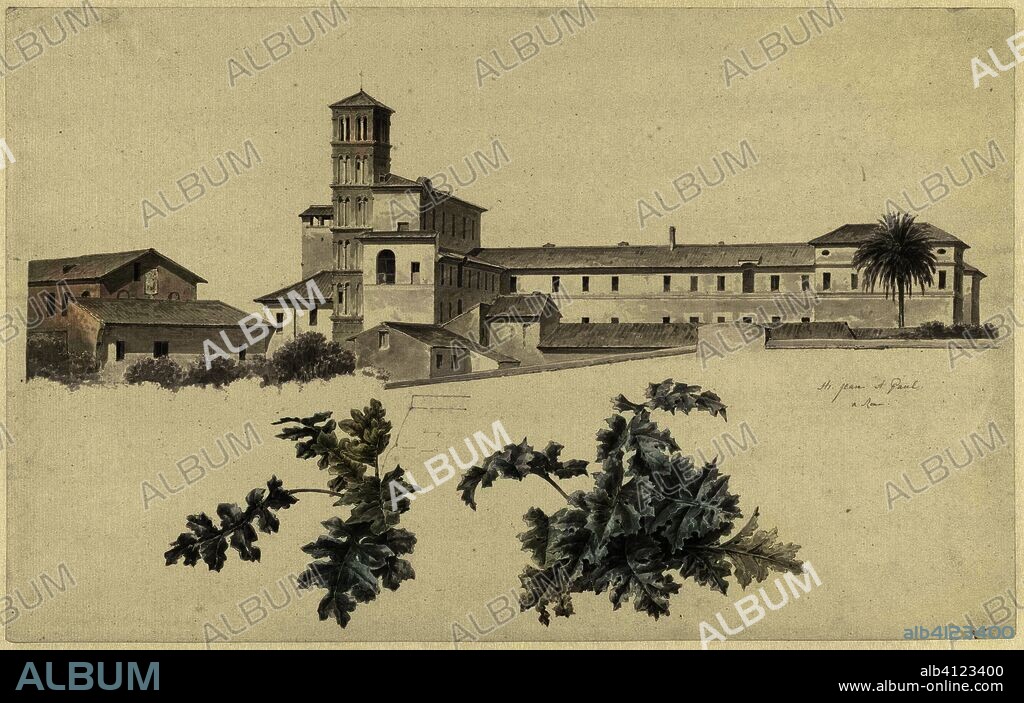 The Basilica of Santi Giovanni e Paolo in Rome, with Two Studies of Plants. De kerk van Ss. Giovanni e Paolo, Rome, met twee studies van planten. Draughtsman: Josephus Augustus Knip. Dating: c. 1809 - c. 1812. Place: Italy. Measurements: h 291 mm × w 468 mm.