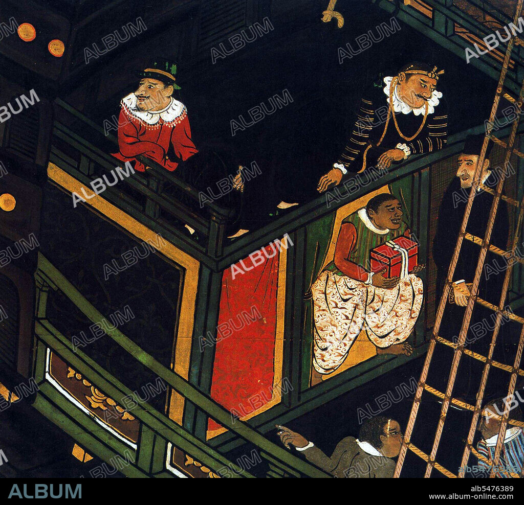 Kani Naizen (1570 - 1616) was a Japanese painter of the Kani school, particularly known for his screen paintings (byi bu) of Namban (Southern Barbarians, i.e. Europeans). The Nanban trade (Nanban bi eki, 'Southern barbarian trade') or the Nanban trade period (Nanban bi eki jidai, 'Southern barbarian trade period') in Japanese history extends from the arrival of the first Europeans - Portuguese explorers, missionaries and merchants - to Japan in 1543, to their near-total exclusion from the archipelago in 1614, under the promulgation of the 'Sakoku' Seclusion Edicts.