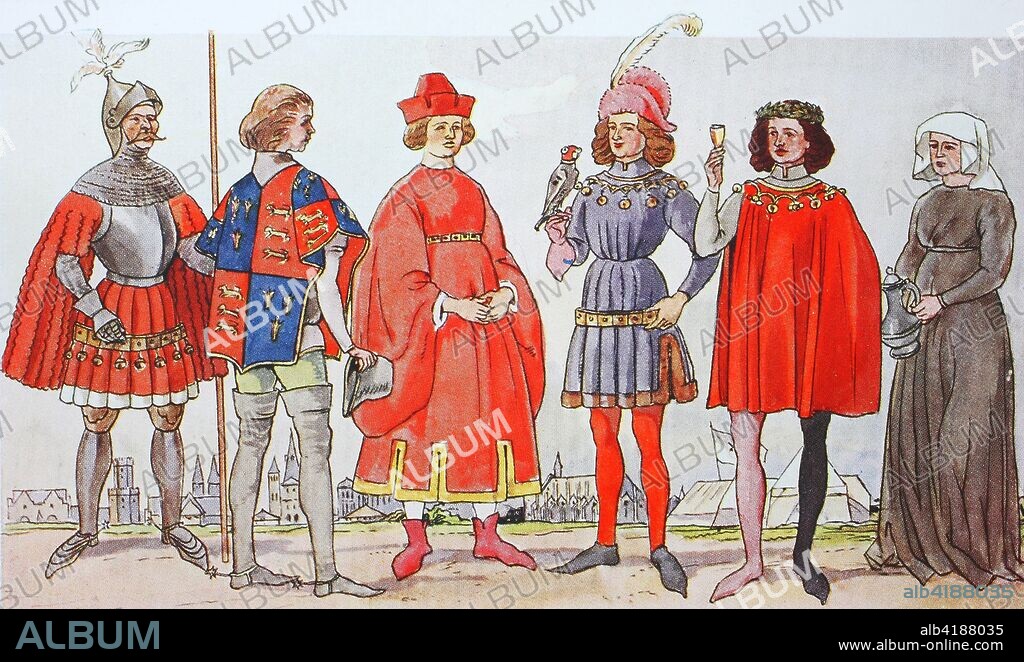 Clothing, fashion in Germany under Burgundian influence in the 15th century, from the left, a knight in armor, the herald with high leather boots, then a gentleman in the wide Tappert, a young knight with falcons, a dandy and a inkeeper woman, digital improved reproduction from an original from the year 1900.