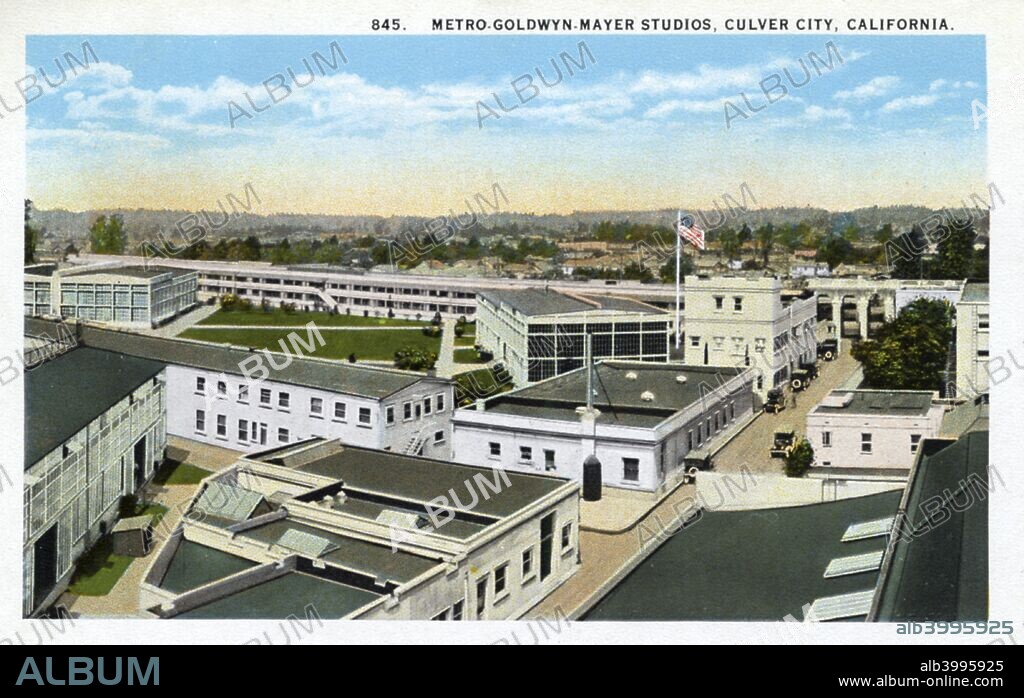 Merto-Goldwyn Mayer Studios, Culver City, California, USA, 1925. Vintage postcard showing a number of white buildings of the MGM Studios.