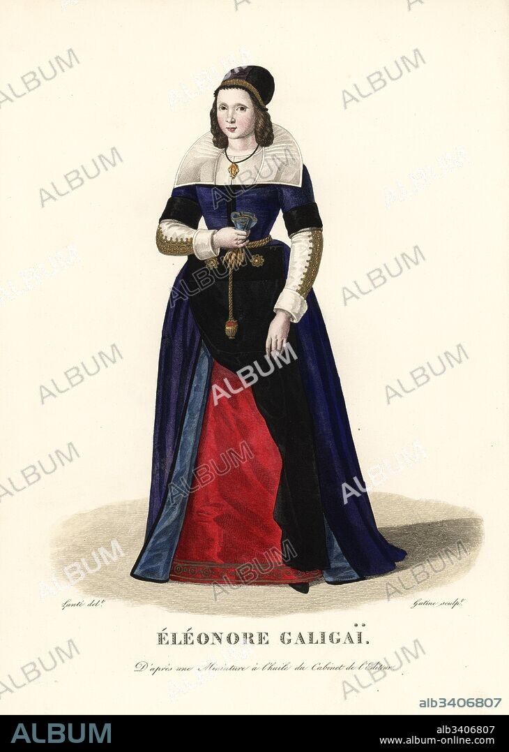 Leonora Dori Galigai, wife of Concino Concini, exorcist and witch, 1571-1617. She wears her hair loose under a bonnet, a velvet dress with lace collar and cuffs, black apron over a red embroidered petticoat. After a miniature in oils in the editor's collection. Handcoloured copperplate engraving by Georges Jacques Gatine after an illustration by Louis Marie Lante from Galerie Francaise de Femmes Celebres, Paris, 1827.