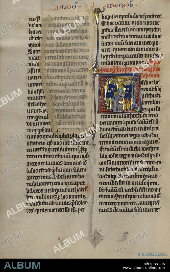 UNKNOWN. Initial V: The Stoning of Jeremiah. Date/Period: Ca. 1270. Folio. Tempera colors, black ink, and gold leaf on parchment. Height: 470 mm (18.50 in); Width: 322 mm (12.67 in).