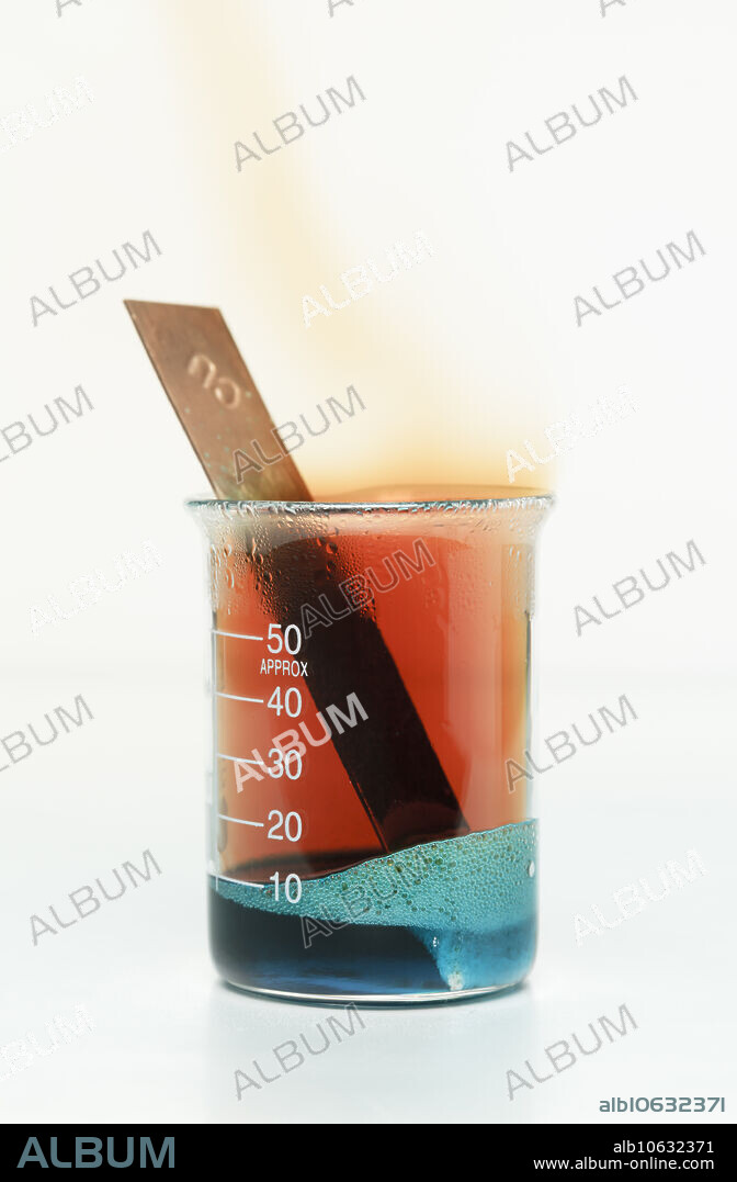 Copper reacts with nitric acid, 3 of 3. Copper strip is partially immersed into concentrated (17M) nitric acid (HNO3). Copper is oxidized to form copper nitrate (Cu(NO3)2) and brown nitrogen dioxide gas (NO2) bubbles: Cu + HNO3 -> Cu(NO3)2 + NO2 + H2O.