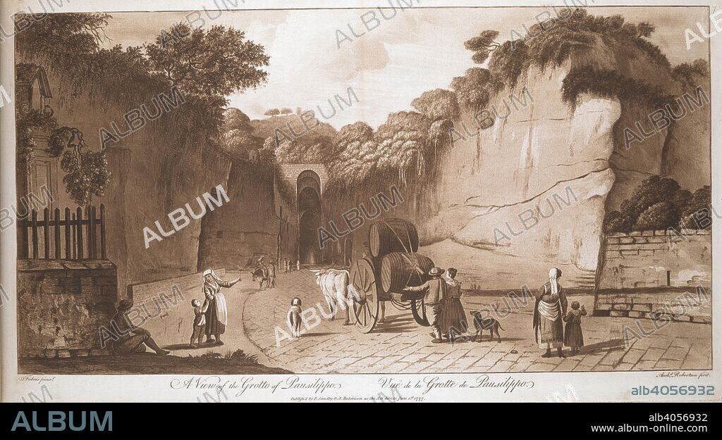 PETER FABRIS. Groups of figures and a cart loaded with barrels and pulled by oxen travel on a paved road in the foreground, with an arched entrance to the Grotto of Posillipo in the background. A View of the Grotto of Pausilippo = VuÃ« de la Grotte de Pausilippo. [London] : Publish'd by P. Sandby & A. Robertson as the Act directs June 1st. 1777, [June 1 1777]. Aquatint, etching and engraving, printed in sepia. Source: Maps 7.Tab.60, plate 7. Language: English and French.