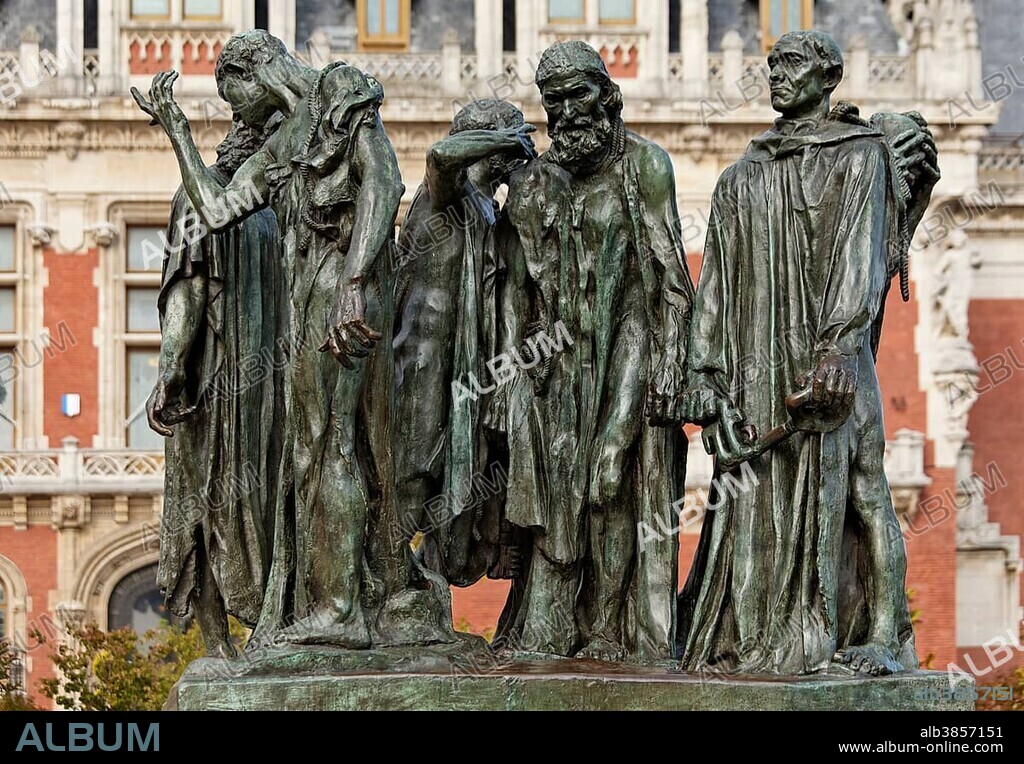 Sculpture by Auguste Rodin, The Burghers of Calais, on the square of Place de l'Hôtel de Ville in Calais, Via Francigena, Calais, Pas-de-Calais department, North Pas-de-Calais region, France, Europe