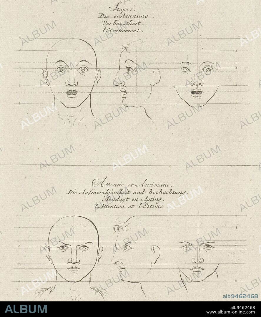 Amazed and attentive facial expression, Pieter Schenk (I), after Sébastien Leclerc, after Charles Le Brun, 1692 - 1711, At the top a face from the front and side with a facial expression of surprise. Below, a face from the front and side with a facial expression of attention and esteem., print maker: Pieter Schenk (I), Sébastien Leclerc, intermediary draughtsman: Charles Le Brun, Amsterdam, 1692 - 1711, paper, etching, h 213 mm × w 161 mm.
