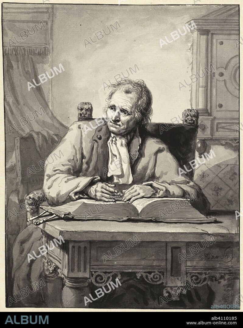 Seated man at a table with an opened Bible. Draughtsman: Abraham van Strij (I). Dating: 1787. Measurements: h 234 mm × w 181 mm.