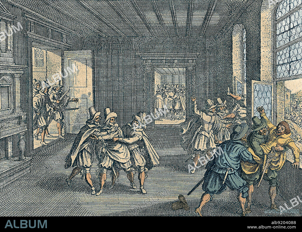 Matthaus Merian's impression of the 1618 Defenestration of Prague. Defenestration is the act of throwing someone out of a window. The term was coined around the time of an incident in Prague Castle in the year 1618, which became the spark that started the Thirty Years' War. A similar incident occurred in Prague's City Hall 200 years earlier in 1419, which led to the Hussite war. Engraving from 1662. Colorized.