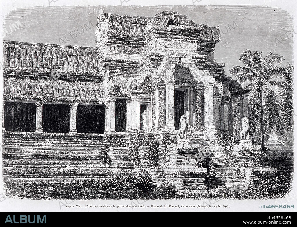 'Angcor Watt (sic) : l'une des entrees de la galerie des bas reliefs'. Gravure tiree du 'Tour du Monde' en 1870. Credit : Collection KHARBINE-TAPABOR.