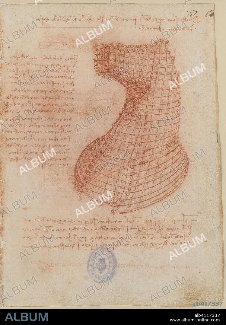 LEONARDO DA VINCI. Folio f 157r. Codex Madrid II (Mss. 8936) "Tratado de fortificación, estática y geometría". 158 folios (316 págs.); formato interior: 210 x 145 mm. PERSPECTIVA, ÓPTICA, PINTURA, DIBUJO. ESCULTURA Y FUNDICIÓN.
