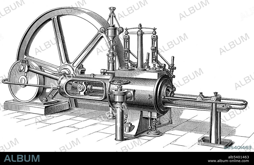 Historical graphic representation, technical drawing, steam engine, piston heat engine, the contained thermal energy or pressure in steam is transformed into mechanical work, 19th Century, from Meyers Konversations-Lexikon encyclopaedia, 1890