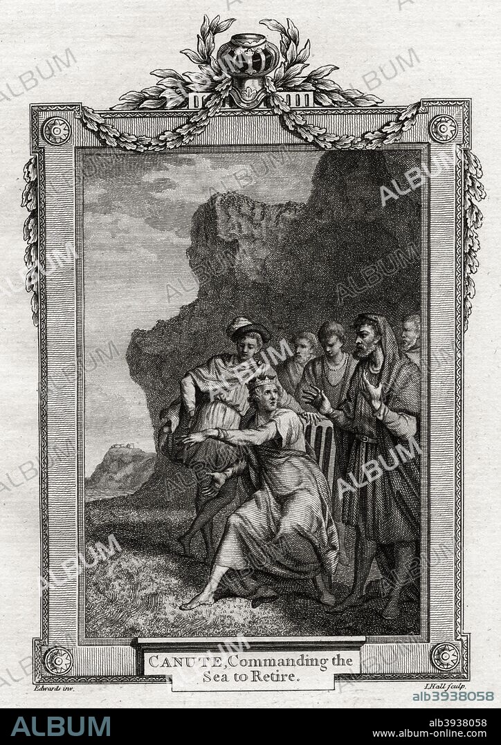 'Canute, Commanding the Sea to Retire', 11th century, (1777). Canute (Sveinsson Knut) (d1035) was King of England from 1016, Denmark from 1018 and Norway from 1030. He is shown on the famous occasion when he demonstrated to flattering courtiers that God alone can command the tides. A plate from The Copper-Plate Magazine or A Monthly Treasure, London, 1777.