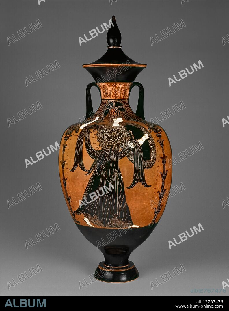 PAINTER OF THE WEDDING PROCESSION and NIKODEMOS. Panathenaic Prize Amphora with Lid, 363-362 BC. Prize Vessel from the Athenian Games.   Additional Info: The Panathenaia, a state religious festival, honored Athena, the patron goddess of Athens. Held in its expanded form every four years, the festival included athletic, musical, and other competitions. Amphorae filled with oil pressed from olives from the sacred trees of Athena were given as prizes in the Panathenaic Games. These amphorae had a special form with narrow neck and foot and a standard fashion of decoration. One side showed Athena, the goddess of war, armed and striding forth between columns, and included the inscription "from the games at Athens." The other side showed the event for which the vase was a prize. The back of the vase depicts Nike, the goddess of victory, crowning the winner of a boxing match between young men, while an older, bearded judge looks on. The leather thongs held by the youths identify them as boxers; they were wrapped around the hands and served as the ancient equivalent of boxing gloves. In 370 BC the victor in youth boxing won forty amphorae of oil; the second place winner took home eight.