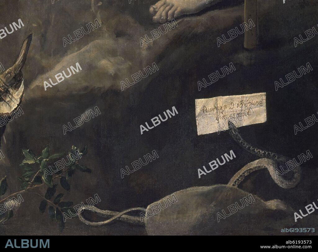 EL GRECO. MARTIRIO DE SAN MAURICIO - DETALLE DE LA SERPIENTE LLEVANDO EL PAPEL CON LA FIRMA - 1580/1582 - O/L - 448x301 - MANIERISMO ESPAÑOL.
