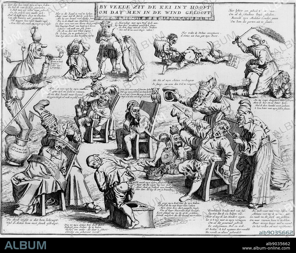 Print showing scatological images, primarily involving defecation. Verses relate to each image. Date , 1720.