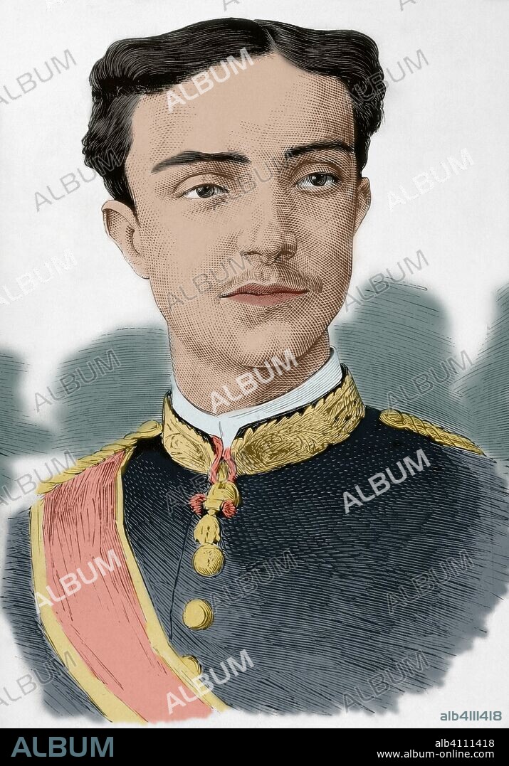 Alfonso XII de España "el Pacificador" (Madrid, 1857-Madrid, 1885). Rey de España entre 1874-1885. Retrato. Grabado de la Ilustración Española y Americana, 22 de Marzo de 1876. Coloreado.