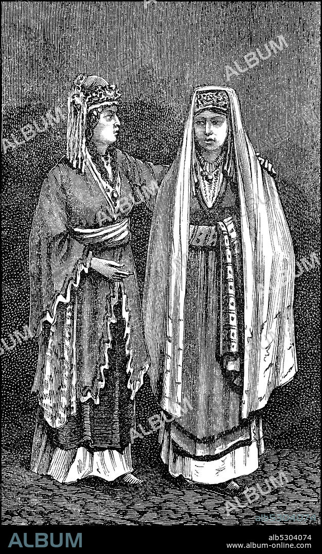 Lesghierinnen, women from the people of the Lezgins Lezgins or in the Caucasus region, Dagestan and Azerbaijan, women in the 19th century  /  Frauen vom Volk der Lesgier oder Lesginen in der Kaukasusregion, Dagestan und  Aserbaidschan, Frauen im 19. Jahrhundert, Historisch, historical, digital improved reproduction of an original from the 19th century / digitale Reproduktion einer Originalvorlage aus dem 19. Jahrhundert.