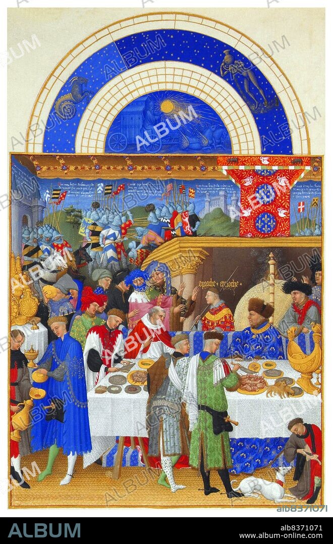 The <i>Tres Riches Heures du Duc de Berry</i> is the most famous and possibly the best surviving example of French Gothic manuscript illumination, showing the late International Gothic phase of the style. It is a book of hours: a collection of prayers to be said at the canonical hours.<br/><br/>. It was created between c. 1412 and 1416 for the extravagant royal bibliophile and patron John, Duke of Berry, by the Limbourg brothers. When the three painters and their sponsor died in 1416, possibly victims of plague, the manuscript was left unfinished. It was further embellished in the 1440s by an anonymous painter, who many art historians believe was Barthelemy d'Eyck. In 1485-1489, it was brought to its present state by the painter Jean Colombe on behalf of the Duke of Savoy.<br/><br/>. Acquired by the Duc d'Aumale in 1856, the book is now in the Musee Conde, Chantilly, France.