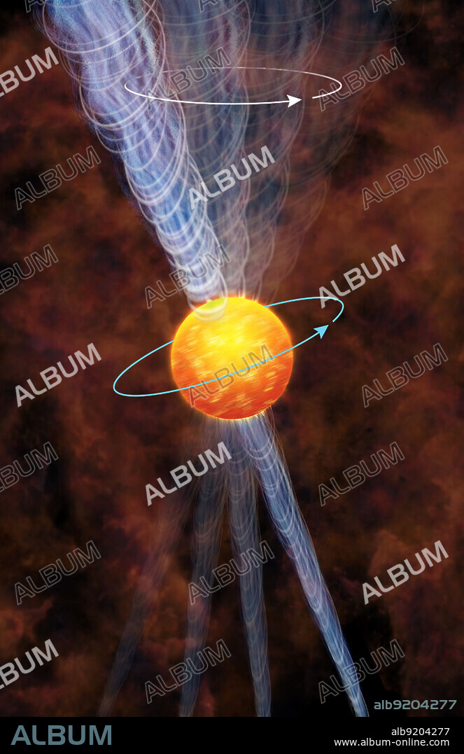 This is an artist's impression showing the Vela pulsar and its jet. The pulsar is a rapidly rotating neutron star that is producing a net of particles, shown in blue, moving at 70 percent of the speed of light, and some tangled magnetic fields. If the pulsar is precessing, or wobbling, as it spins, it can produce a corkscrew-shaped jet. The Vela Pulsar (PSR B0833-45 or PSR J0835-4510) is a radio, optical, X-ray and gamma-emitting pulsar associated with Vela Supernova Remnant, in the constellation of Vela. A pulsar is a highly magnetized, rotating neutron star that emits a beam of electromagnetic radiation. This radiation can only be observed when the beam of emission is pointing toward the Earth, much the way a lighthouse can only be seen when the light is pointed in the direction of an observer, and is responsible for the pulsed appearance of emission. The Vela pulsar is about 1,000 light years from Earth, is about 12 miles in diameter, and makes over 11 complete rotations every second, faster than a helicopter rotor. As the pulsar whips around, it spews out a jet of charged particles that race out along the pulsar's rotation axis at about 70% of the speed of light. Release date January 7, 2013.