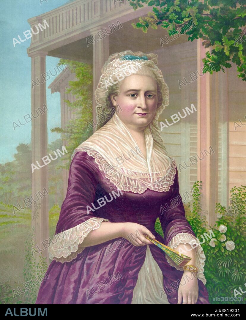 Martha Washington at Mount Vernon. Martha Dandridge Custis Washington (1731-1802) was the wife of George Washington, the first president of the United States. Although the title was not coined until after her death, Martha Washington is considered to be the first First Lady of the United States. During her lifetime, she was known as "Lady Washington". Martha Washington was a fashionable dresser, assertive, and a woman of independent means. Through the duration of the American Revolutionary War she traveled thousands of miles to be with her husband at military encampments in Massachusetts, New Jersey, Pennsylvania, and New York. In 1902, she became the first American woman to be honored on a U.S. postage stamp. Martha Washington is the only woman whose portrait has appeared on the face of a U.S. currency note. Lithograph by Jacob Rau, published by Lyon & Company,1868.
