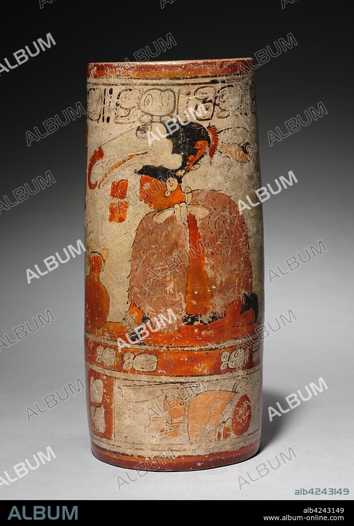 Painted Vase with Ruler and Scribe, 600-900. Guatemala, Northern Peten or Mexico, Southern Campeche, Maya, Late Classic, 7th-10th Century. Pottery with burnished, colored slips; overall: 24.5 x 10.5 cm (9 5/8 x 4 1/8 in.).