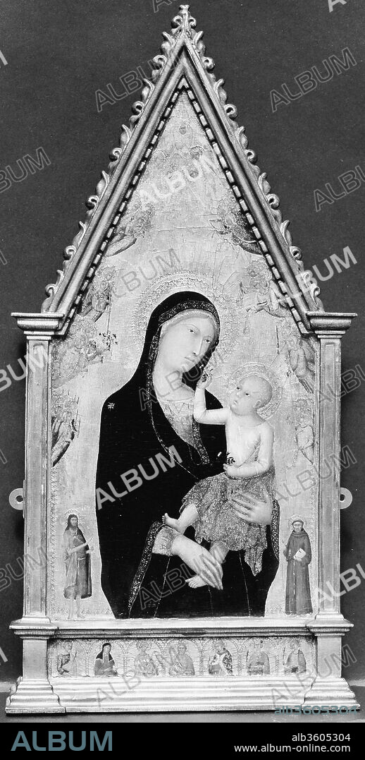 Madonna and Child with Saints and Angels. Artist: Lippo Memmi (Filippo di Memmo) (Italian, Sienese, active by 1317-died 1356). Dimensions: Overall, with shaped top and engaged (partially modern) frame, 26 1/4 x 13 in. (66.7 x 33 cm); painted surface 19 3/4 x 10 1/8 in. (50.2 x 25.7 cm); predella 1 1/2 x 10 in. (3.8 x 25.4 cm). Date: ca. 1350.
The Madonna and Child are flanked by diminutive figures of Saints John the Baptist and Francis of Assisi while the nine choirs of heavenly angels--as described by the fifth-century neo-platonic writer known as the Pseudo-Dionysius--ornament the pinnacle. Other saints are shown in an arcade. Lippo attains a refinement of execution equal to that of his famous brother-in-law Simone Martini. The panel formed a diptych with a Crucifixion (Musée du Louvre, Paris). Its frame is modern.