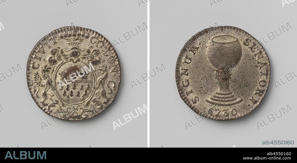 Tool token from the city of Cologne, medal awarded to the members of the city council entitled to a jug of beer or wine, medal. Obverse: helmeted coat of arms, flanked by griffin and lion within an inscription. Reverse: chalice with a face inside an inscription on foot, lace script, Cologne, anonymous, Keulen, 1730, white metal, striking (metalworking), d 2.1 cm × w 5.32 gr.