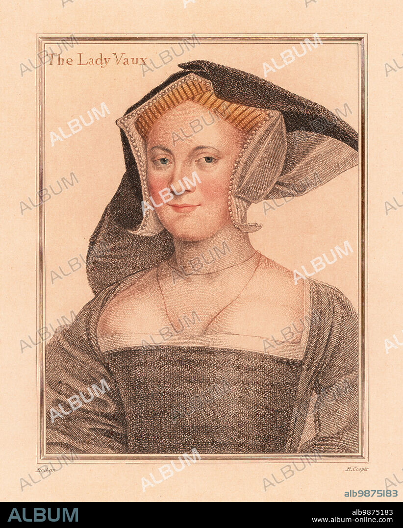 Elizabeth Cheney, 1509-1556, Lady Vaux, wife to Thomas, 2nd Baron Vaux of Harrowden, daughter of Sir Thomas Cheney. The Lady Vaux. In gable hood headdress. Handcoloured copperplate stipple engraving by Robert Cooper after a portrait by Hans Holbein the Younger from Imitations of Original Drawings by Hans Holbein, John Chamberlaine, London, 1812.