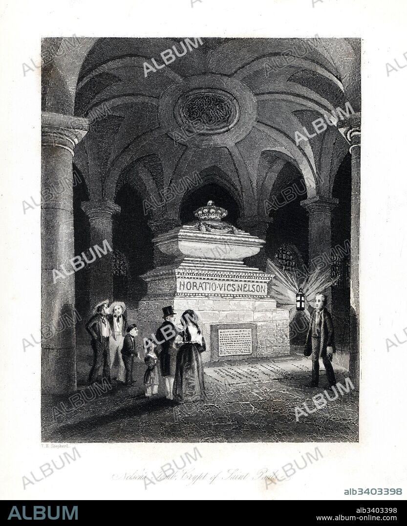 Admiral Horatio Nelson's tomb in the crypt of St. Paul's Cathedral. Steel engraving by Henry Melville after an illustration by Thomas Hosmer Shepherd from London Interiors, Their Costumes and Ceremonies, Joshua Mead, London, 1841.