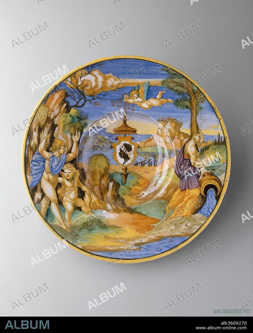 Armorial dish: The story of Apollo. Artist: Francesco Xanto Avelli da Rovigo (Italian, Rovigo ca.1487-1542). Dimensions: Diam. 10 1/2 in. (26.6 cm). Date: 1532.
This splendid plate formed part of one of the largest majolica services ever made, commissioned by Piero Maria Pucci (1467-1547) of Florence, whose arms are visible at the center. Highly distinguished in the first half of the sixteenth century, Pucci family members served under the Medici popes Leo X (r. 1513-21) and Clement VII (r. 1523-34). Thirty-seven pieces from the maiolica service survive (including four in the Lehman Collection: see also 1975.1.1131; 1975.1.1134; 1975.1.1135), all painted in Urbino by the celebrated maiolica painter Francesco Xanto Avelli da Rovigo in 1532 and 1533. Some pieces were sent to Gubbio to be completed with luster decoration under Xanto's direction. This plate portrays the story of Apollo catching the fleeing nymph Daphne, his first love, who turns into a laurel tree.