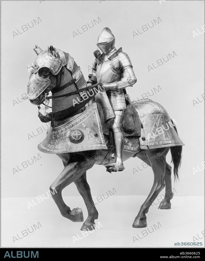 Horse Armor Made for Johann Ernst, Duke of Saxony-Coburg (1521-1553). Armorer: Kunz Lochner (German, Nuremberg, 1510-1567). Culture: German, Nuremberg. Dimensions: Wt. including saddle 92 lb. (41.73 kg); bit: H. 6 in (15.2 cm); W. 11 in (27.9 cm). Date: dated 1548.
Kunz Lochner was one of the few Nuremberg armorers of the mid-sixteenth century to achieve an international reputation. His patrons included the Holy Roman Emperor, the dukes of Saxony, and the king of Poland. This horse armor bears only the Nuremberg mark but can be attributed to Lochner on stylistic grounds. The elaborately embossed and etched decoration of the peytral (chest defense) includes an abbreviated inscription that may be interpreted: 1548 K[rist] I[ch] T[rau] G[anz] V[nd] G[ar] H[ans] E[rnst] H[erzog] Z[u] Sachsen (1548 In Christ I trust wholly, Hans [Johann] Ernst, Duke of Saxony). Duke Johann Ernst (1521-1553) may have commissioned the horse armor for his attendance at the Diet of Augsburg, a political assembly of the German nobility called in 1548 by Charles V to deal with the crisis of the Reformation.
The associated man's armor also in the Metropolitan Museum's collection (acc. no. 29.151.2) bears the mark of Nuremberg; Lochner's personal mark, a rampant lion; and the date 1548. The armor was originally part of a small garniture that included exchange elements for field and tournament use. Restorations include the cuirass and the gauntlets.