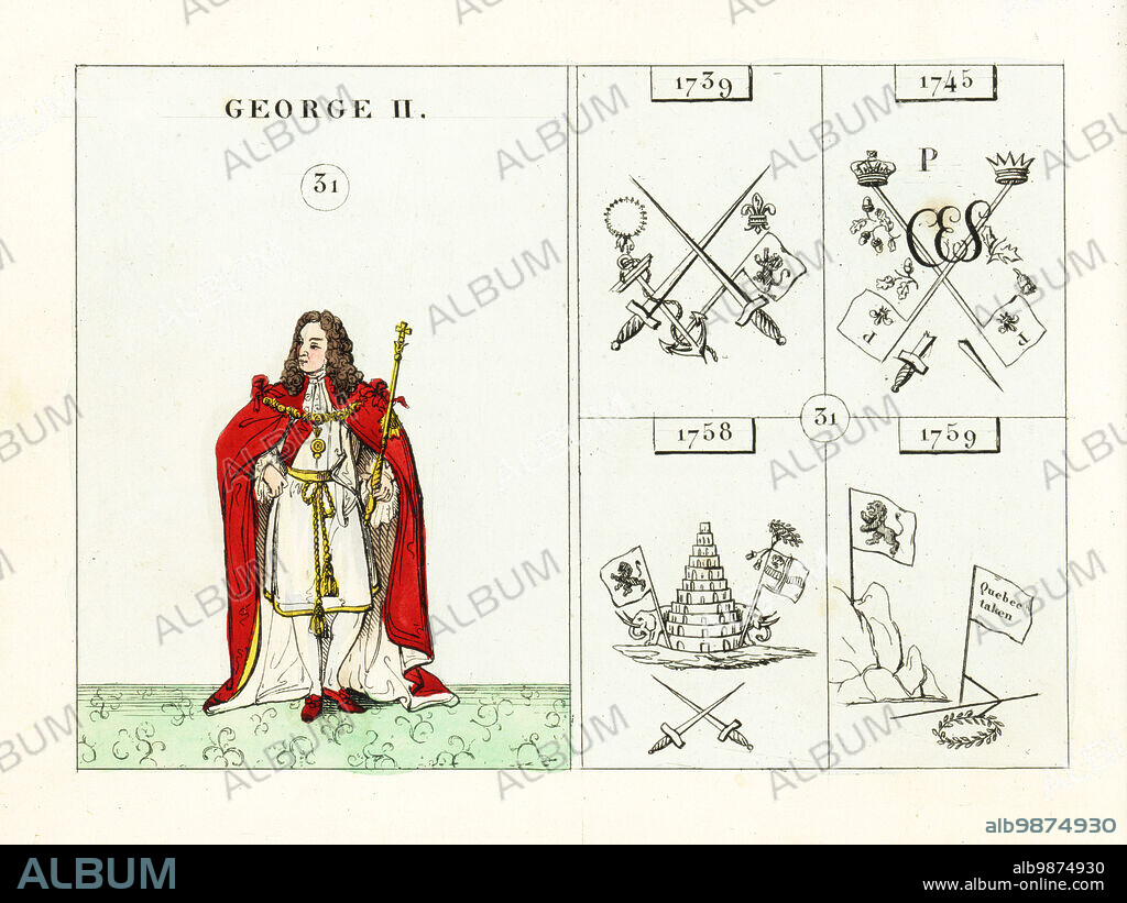 Portrait of King George II of England. In mantle, robe, sash and hose, with sceptre. Emblems indicate the War with Spain and France, defeat of the Pretender, victories in India, and death of General Wolfe at Quebec. Handcoloured steel engraving after an illustration by Mary Ann Rundall from A Symbolical History of England, from Early Times to the Reign of William IV, J.H. Truchy, Paris, 1839. Mary Ann Rundall was a teacher of young ladies in Bath, and published her book of mnemonic emblems in 1815.