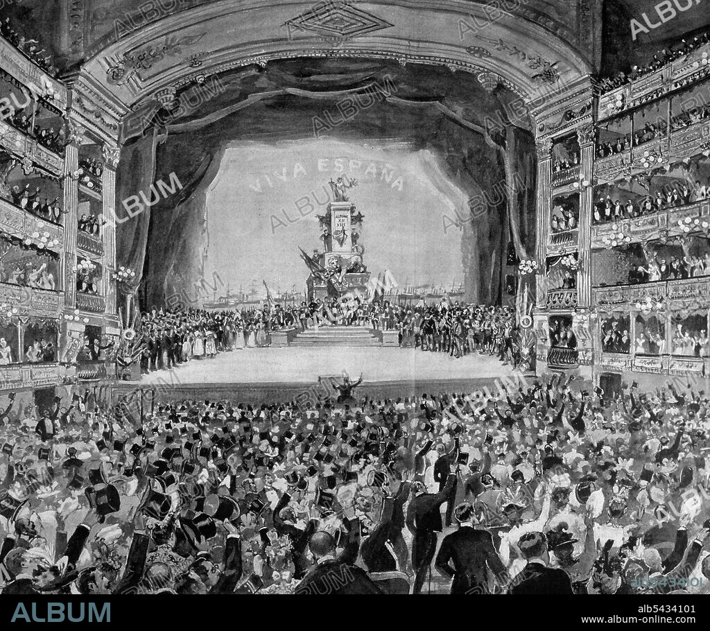 MARIA CRISTINA DE HABSBURGO. REINA DE ESPAÑA . 1858 - 1929. SE CASO CON ALFONSO XII EN EL AÑO 1879. " ACLAMADA EN EL TEATRO REAL DE MADRID " , AÑO 1898 . GRABADO DE LA ILUSTRACION ESPAÑOLA Y AMERICANA.