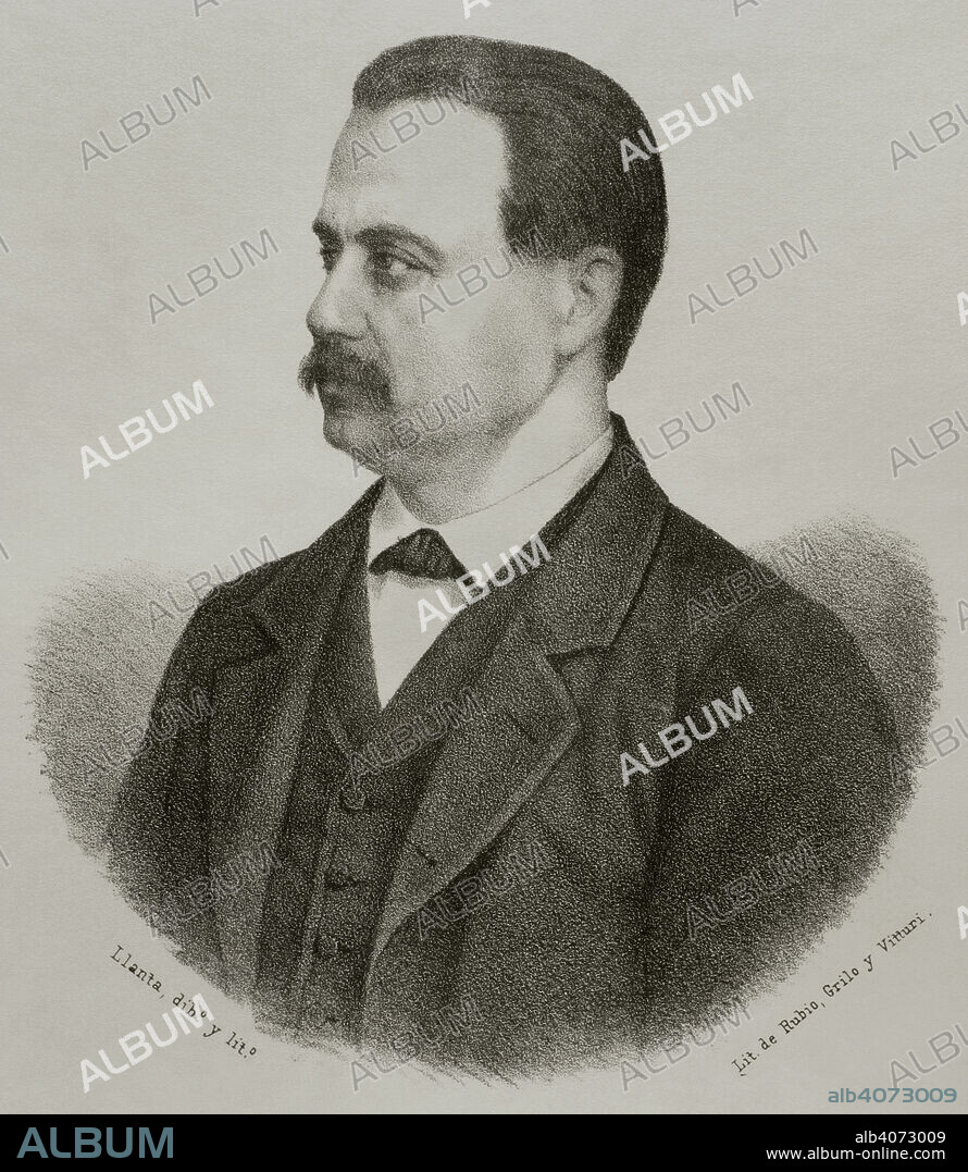 SANTIAGO LLANTA (FL. 1866-1872). FRENCH LITHOGRAPHER WHO WORKED IN SPAIN.. Antonio Cánovas del Castillo (1828-1897). Político e historiador español. Fundador del Partido Conservador. Retrato. Dibujo por Llanta. Litografía. Crónica General de España, Historia Ilustrada y Descriptiva de sus Provincias. Andalucía, 1869.