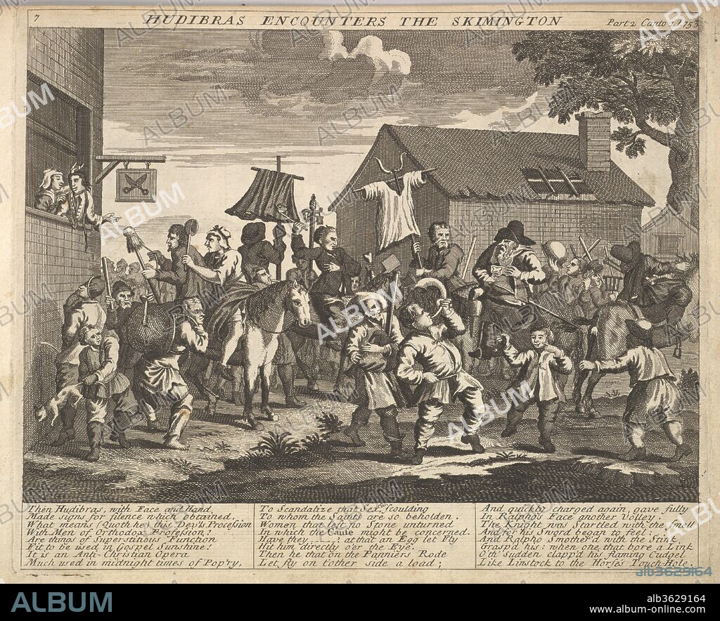 Hudibras Encounters the Skimmington (Plate 7: Illustrations to Samuel Butler's Hudibras). Artist: After William Hogarth (British, London 1697-1764 London). Author: Illustrates Samuel Butler (British, baptized Strensham, Worcestershire 1613-1680 Covent Garden). Dimensions: Plate: 7 3/4 x 9 1/2 in. (19.7 x 24.2 cm)
Sheet: 8 1/8 x 10 15/16 in. (20.7 x 27.8 cm). Publisher: Henry Overton and J. Hoole (London). Date: 1725-30 (?).