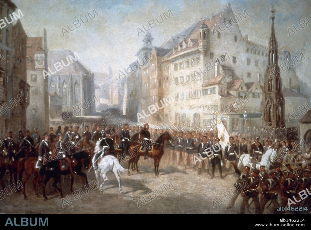 LA ALEMANIA DE LA UNIFICACION (1815-1871). GUERRA AUSTRO-PRUSIANA (1866). Conflicto armado entre Prusia y Austria, provocado por la rivalidad entre estos dos paises por dominar el conjunto de los estados alemanes. DESFILE DE TROPAS EN LA PLAZA DEL MERCADO DE NUREMBERG DURANTE LA OCUPACION DE LA CIUDAD POR LOS PRUSIANOS EN 1866. Pintura de Louis BRAUN.