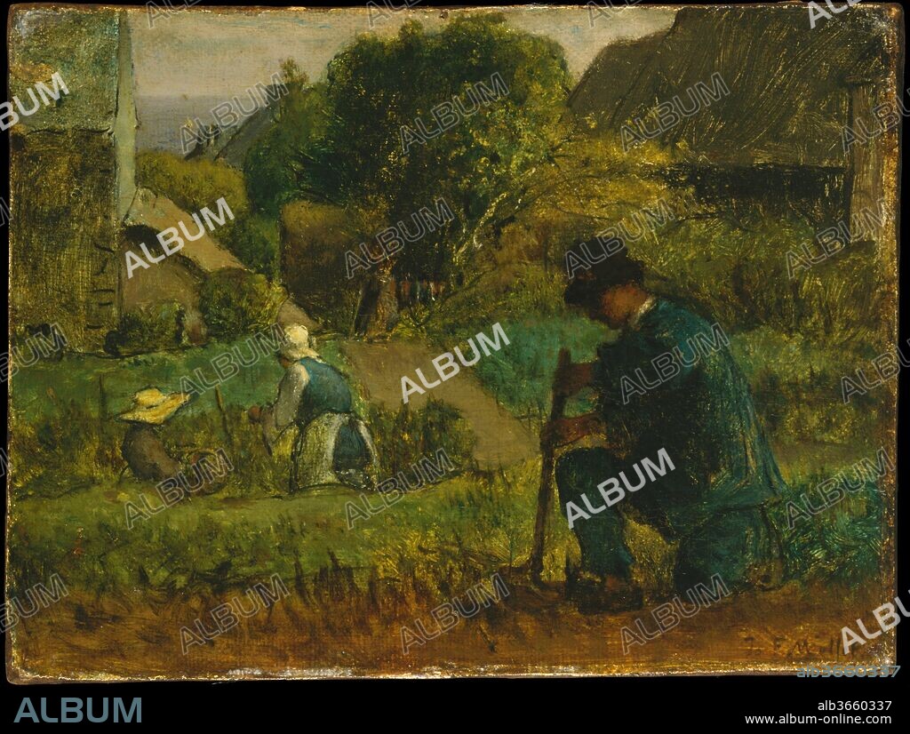 JEAN FRANÇOIS MILLET. Garden Scene. Artist: Jean-François Millet (French, Gruchy 1814-1875 Barbizon). Dimensions: 6 3/4 x 8 3/8 in. (17.1 x 21.3 cm). Date: 1854.
Millet and his family spent the summer of 1854 at the village of Gruchy, where the artist was born. Gruchy sits on the granite cliffs of the rugged Normandy coast, overlooking the English Channel, which appears in the background of this picture.