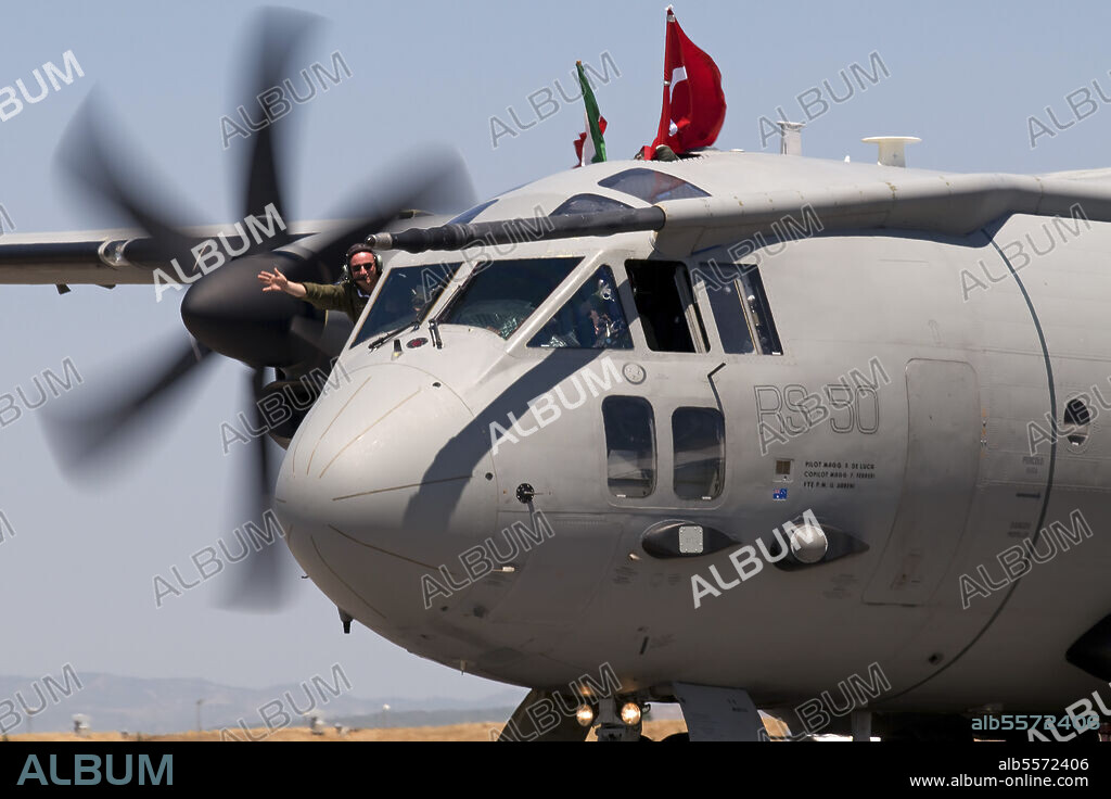An Italian Air Force Alenia C-27J Spartan taxiing at Izmir Air Station, Turkey, during the 100th Anniversary of the Turkish Air Force.