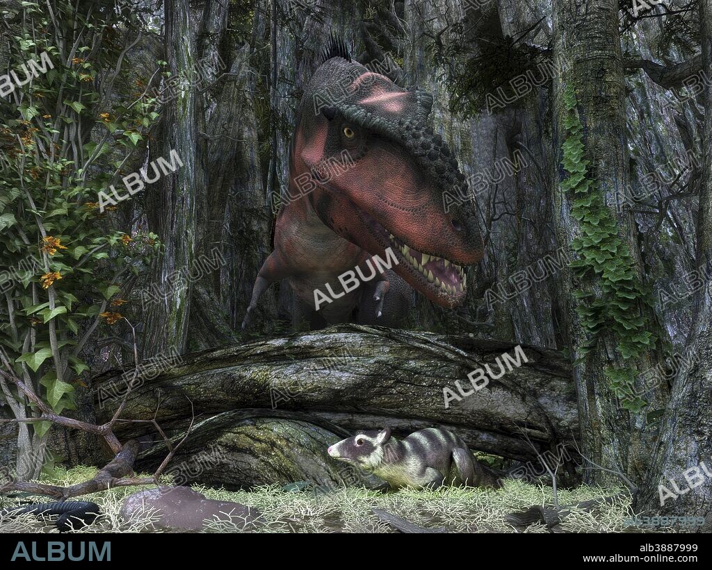 A rat-sized Purgatorius hides amongst the undergrowth of a Cretaceous forest while a 30 foot long, 2,000 pound tyrannosaur forages for its next meal in what is today the western United States. Bistahieversor is a genus of tyrannosauroid dinosaur named after Bisti/De-Na-Zin Wilderness where it was found.. . Purgatorius is the genus for several species of small omnivorous mammals that are believed to be the among the earliest ancestors of modern-day chimps, rhesus monkeys, and humans. The extinction of the larger and more powerful dinosaurs may have been what led to world's domination by mammals today.. . While there is no direct evidence that Purgatorius and Bistahieversor ever shared the same wilderness, this image is yet illustrative of the predator-prey relationship that characterized dinosaurs and mammals for many millions of years.