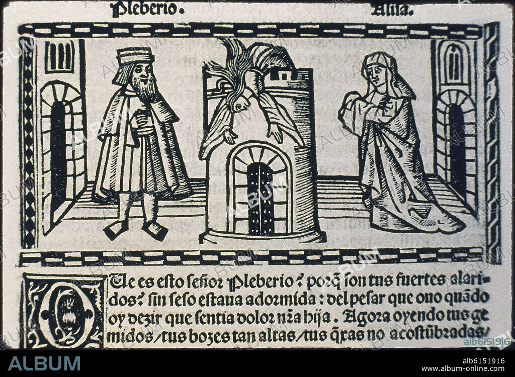 FERNANDO DE ROJAS (1470-1541). LIBRO DE CALISTO Y MELIBEA- GRABADO- DETALLE MUERTE DE MELIBEA.